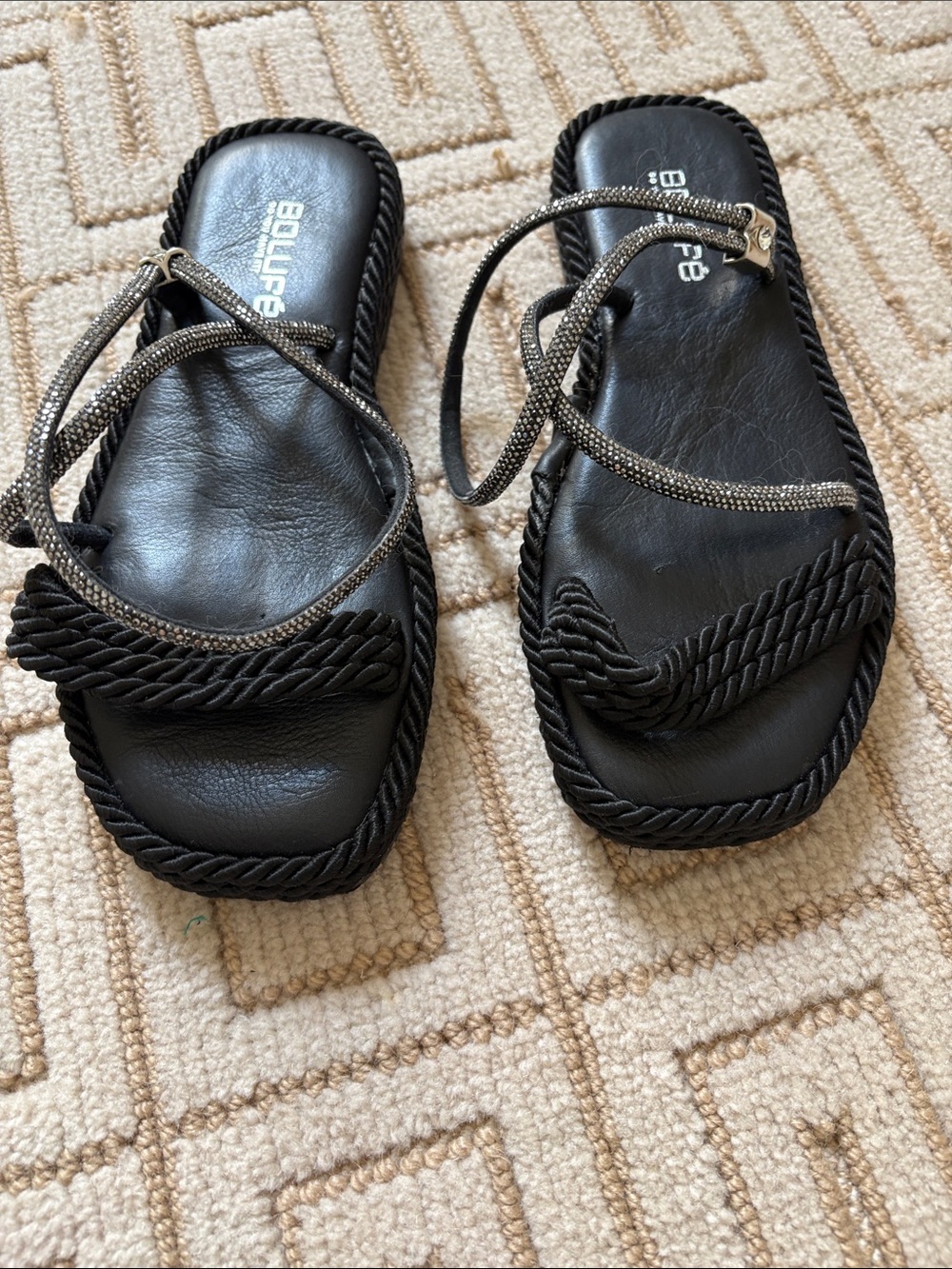 bebe Black Braided Rope & Sparkle Strap Sandals
